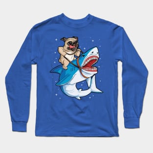 baby pug riding shark Long Sleeve T-Shirt